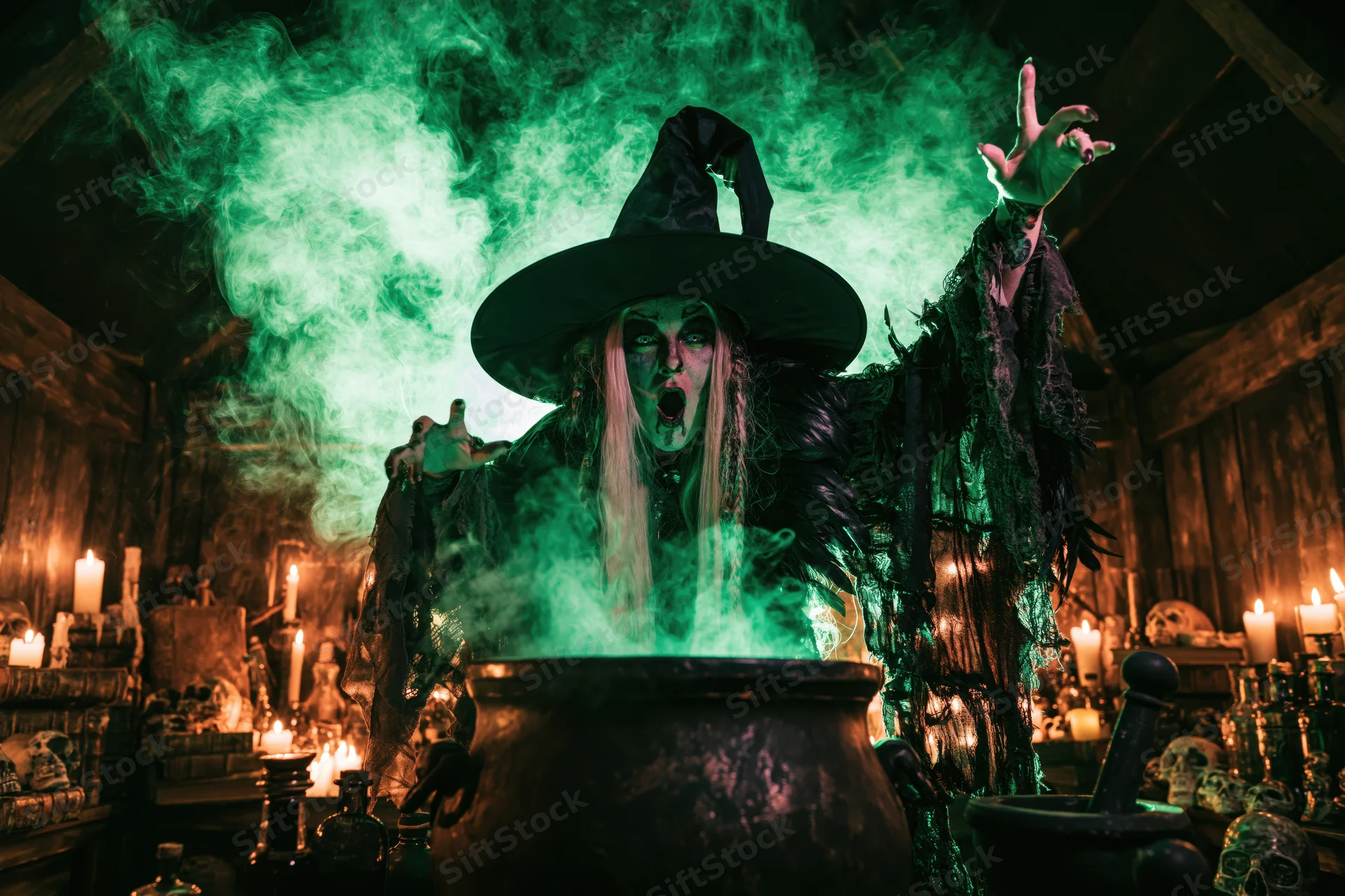 Woman in witch costume casting spell over steaming cauldron in dimly lit rustic room with candles and skulls