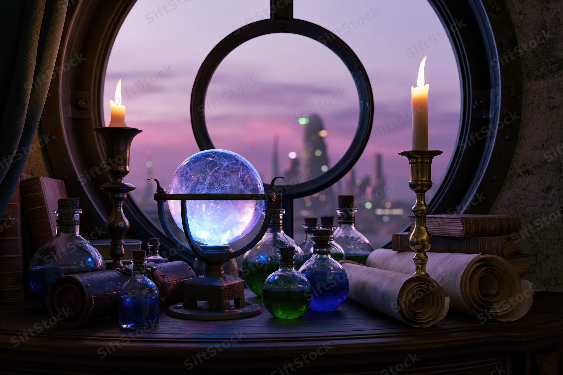 Alchemist's desk with glowing crystal sphere, potion bottles, candles and scrolls by a porthole window overlooking a futuristic city at twilight