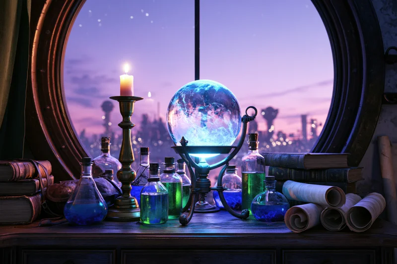 Alchemist's desk with glowing crystal globe and potion bottles by a round window overlooking a city at twilight