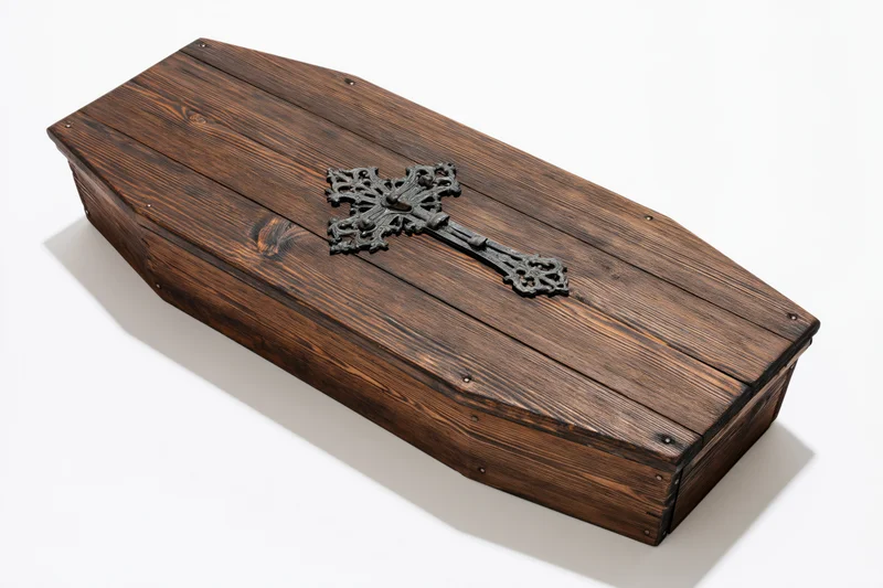 Wooden coffin lid with decorative metal cross on white background