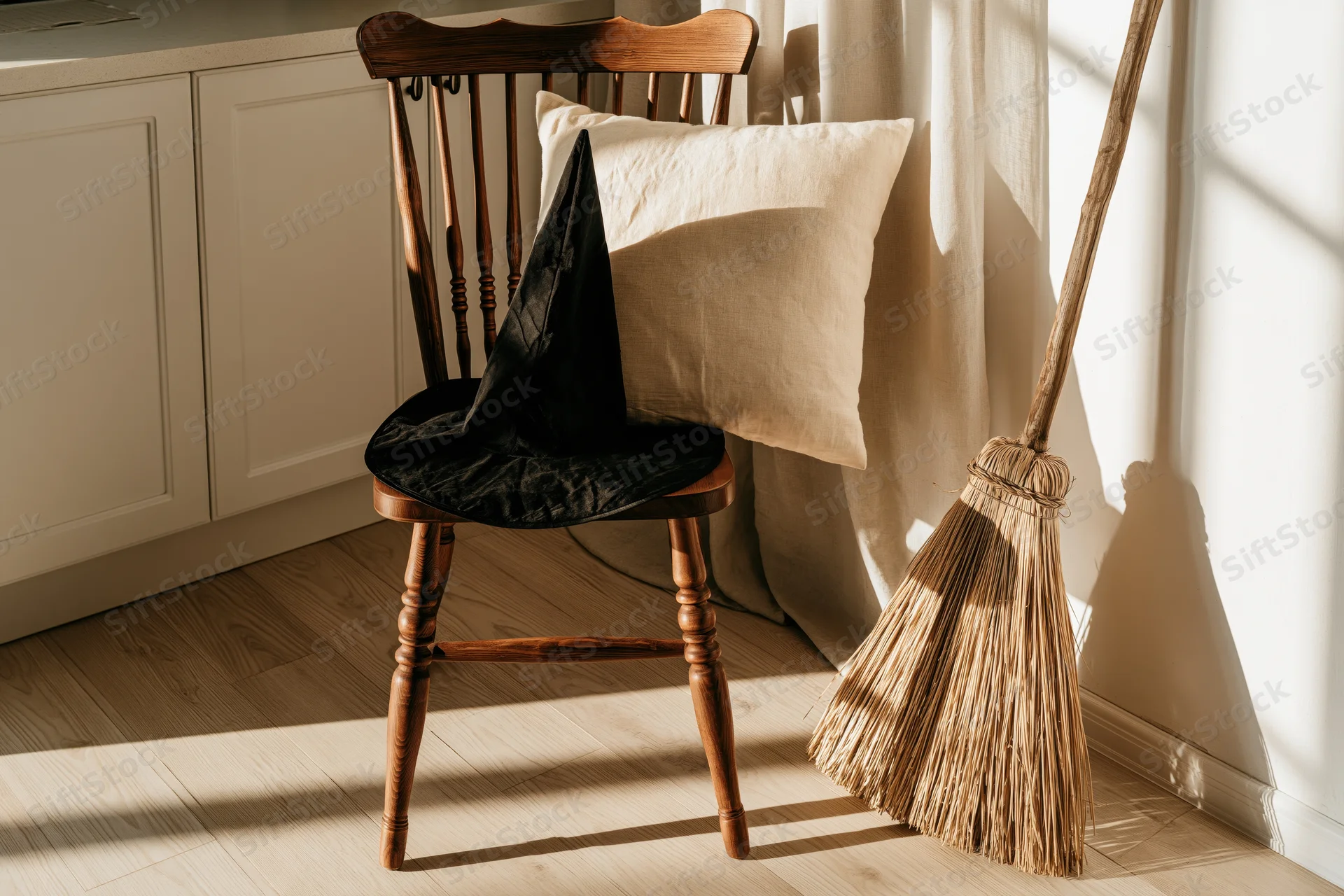 Wooden spindle-back chair with cream linen pillow and witch hat beside a broom in a sunlit kitchen interior