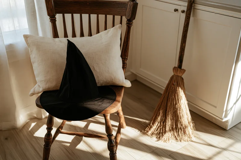 Black witch hat resting on wooden chair beside broom in sunlit farmhouse kitchen