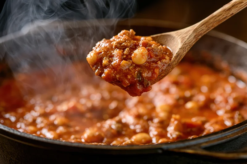 Wooden spoon lifting steaming chili from a dark pot
