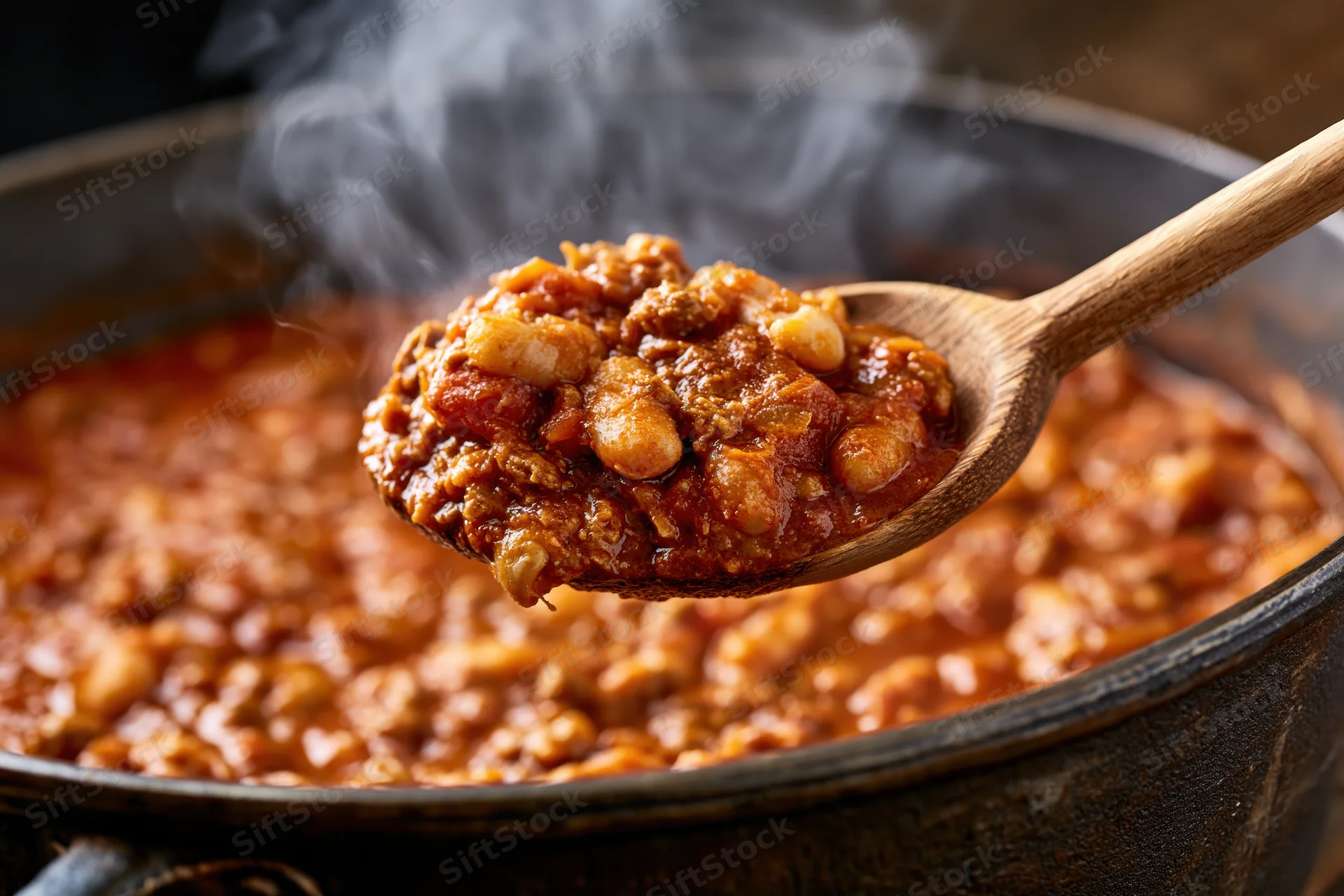 Wooden spoon lifting steaming chili from a cast iron pot