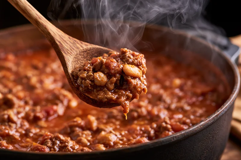 Wooden spoon lifting steaming chili from a cast iron pot