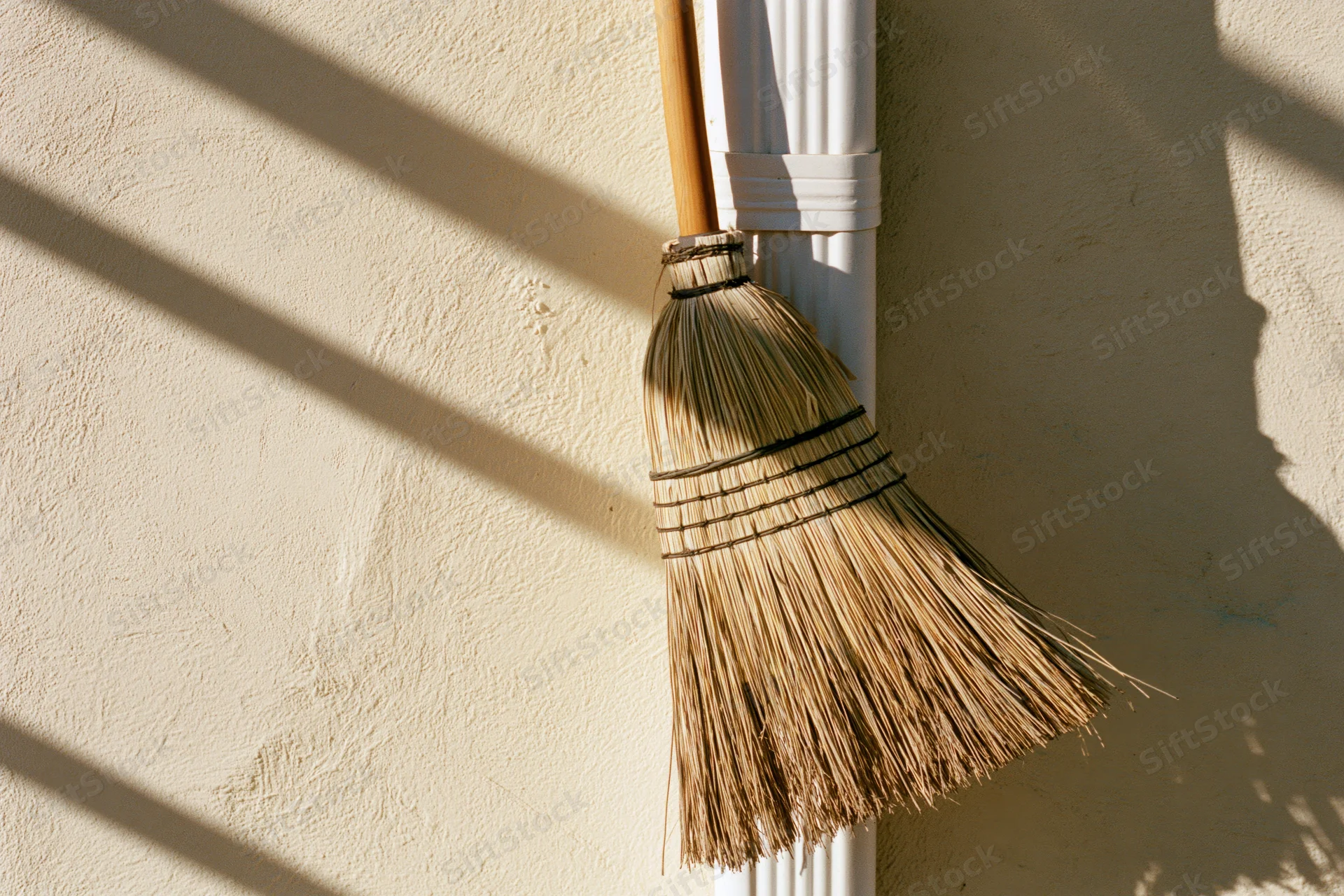 Straw broom leaning against a textured cream wall in sunlight