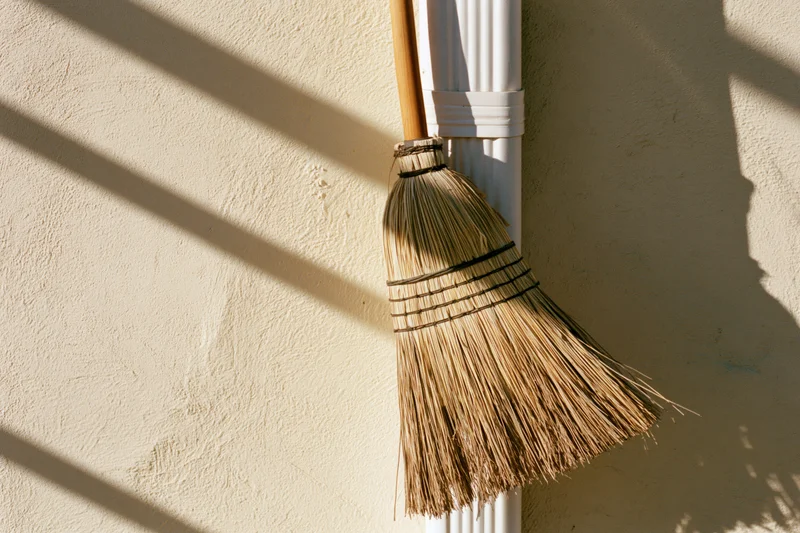 Straw broom leaning against a textured cream wall in sunlight