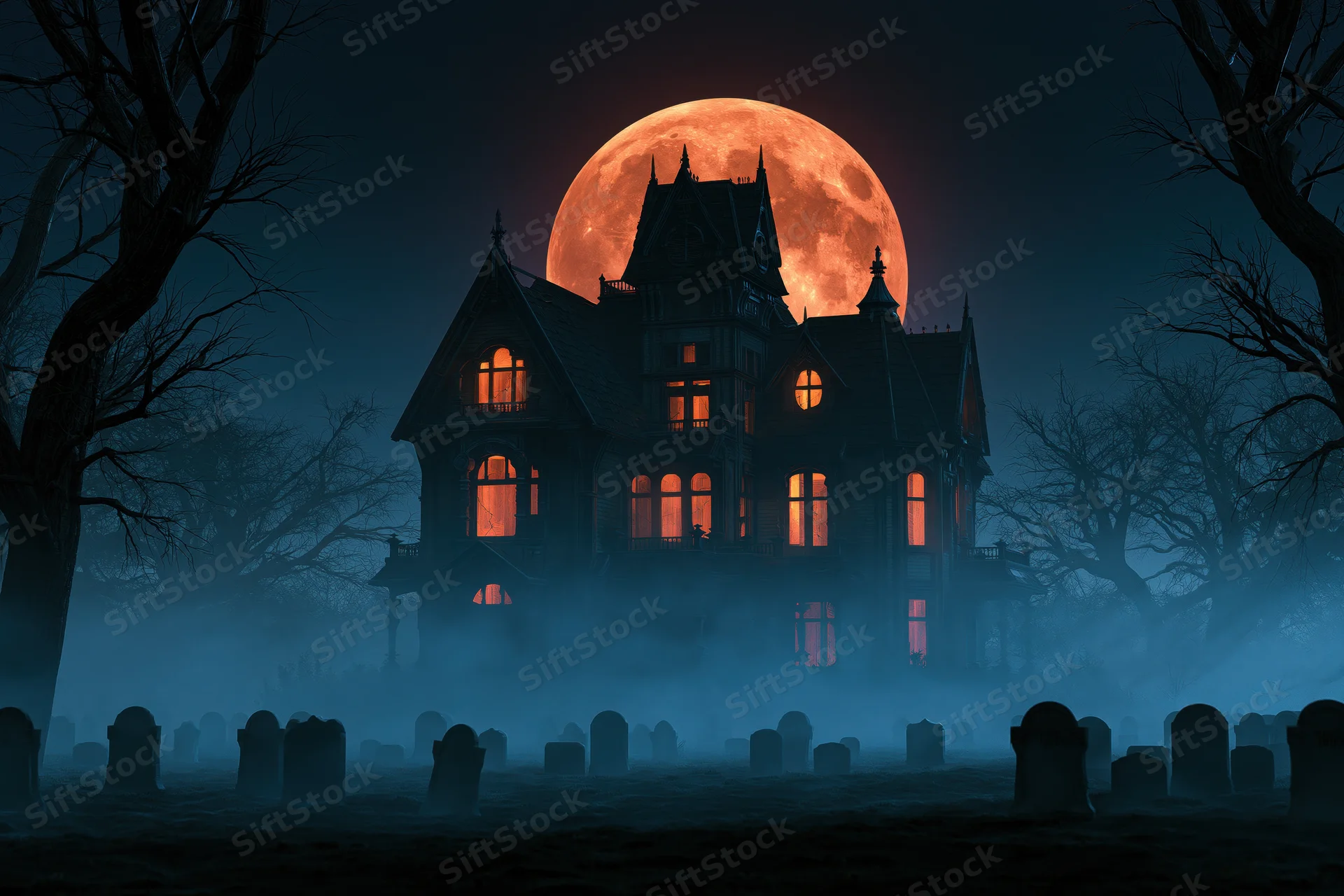 Abandoned victorian house with glowing windows at night in a foggy graveyard under a full orange moon
