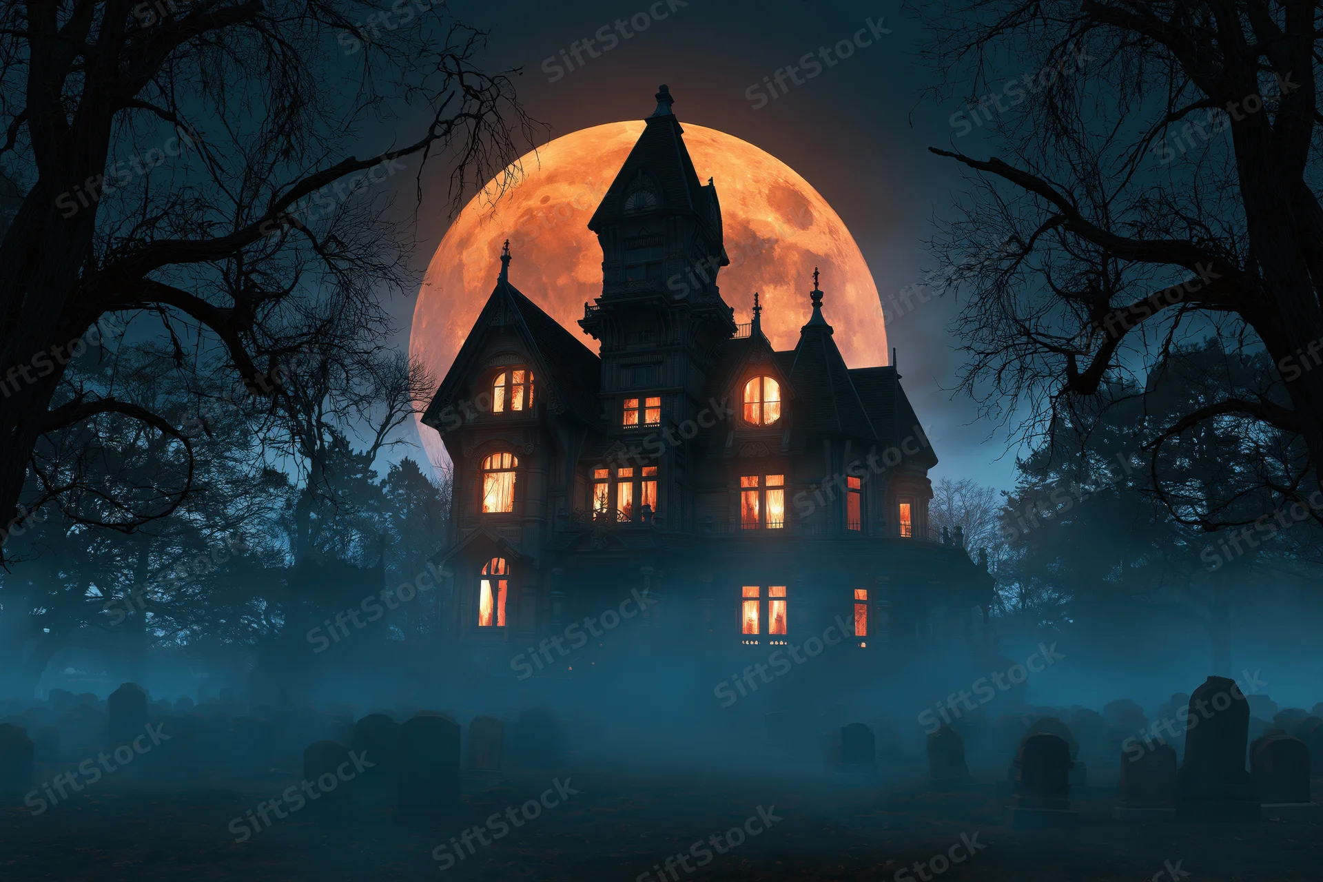 Abandoned victorian house with glowing amber windows at night surrounded by fog and graveyard