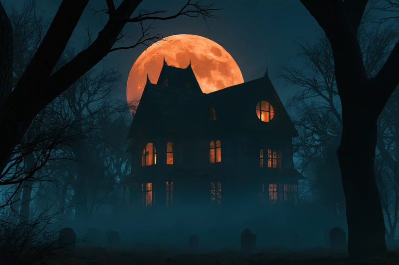 Abandoned victorian house with glowing amber windows in a foggy forest at night