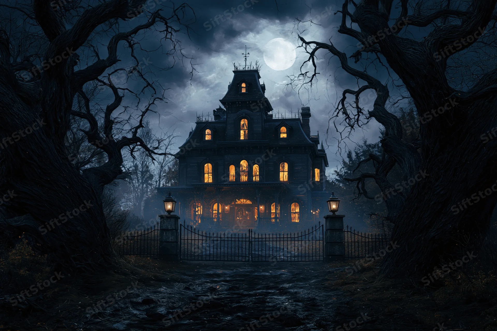 Abandoned victorian mansion at night with glowing amber windows behind twisted trees and iron gate