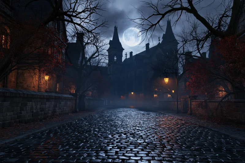 Wet cobblestone path leading to a gothic church at night under a full moon