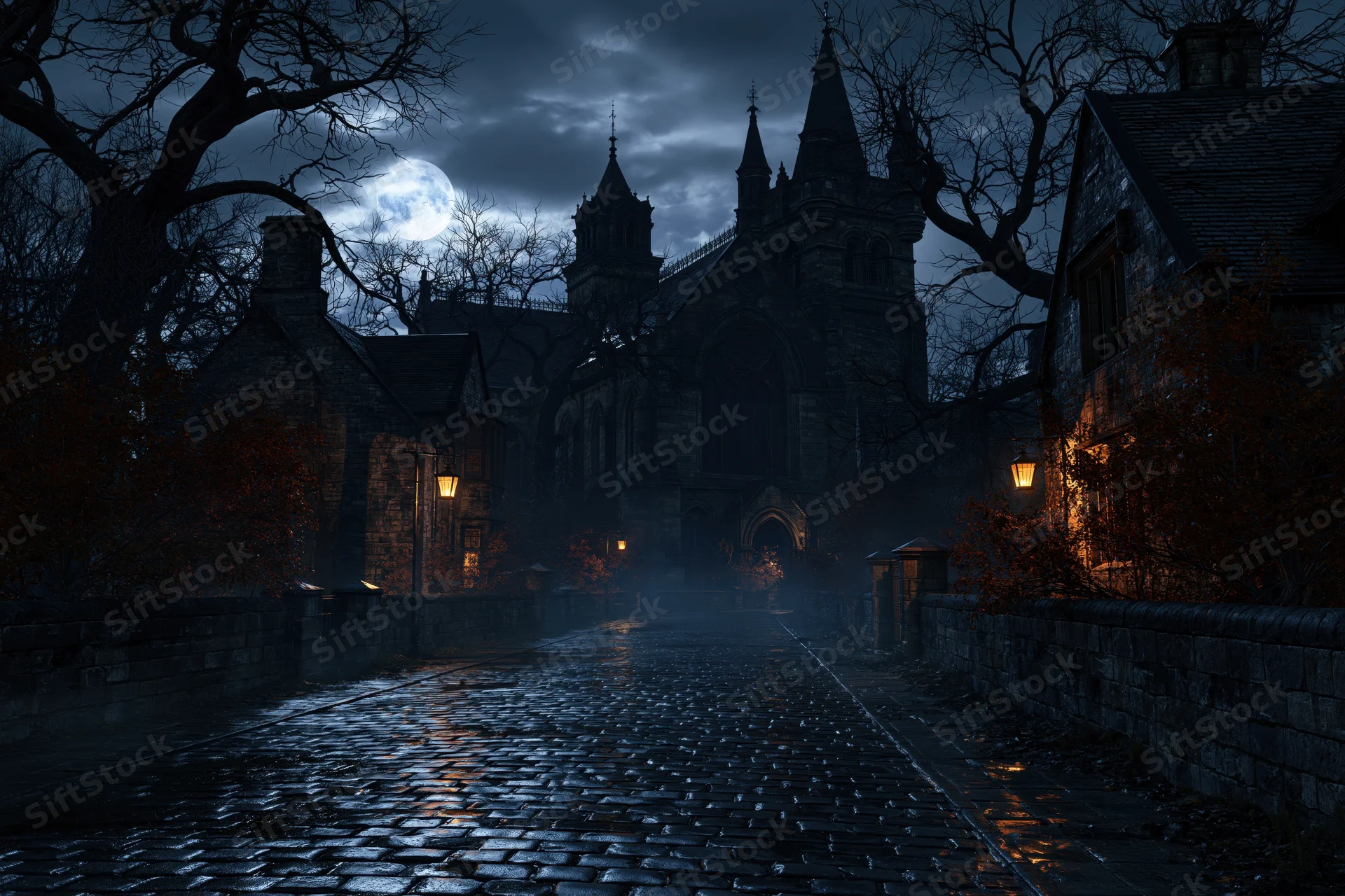 Wet cobblestone path leading to gothic church in abandoned village at night