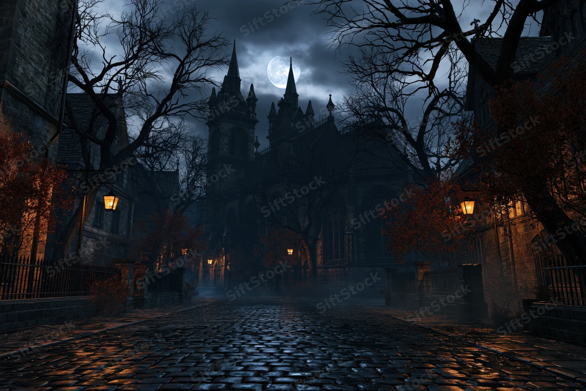Gothic village street at night with wet cobblestone path and full moon behind church spires