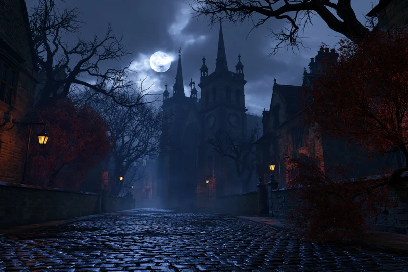 Gothic village street at night with wet cobblestone path leading to a church under a full moon