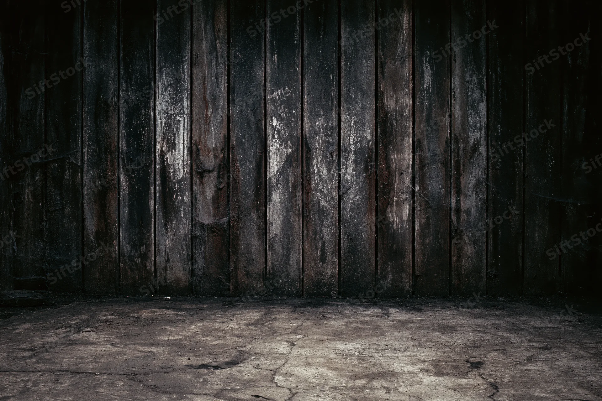 Dark abandoned interior with weathered vertical wooden planks and cracked concrete floor