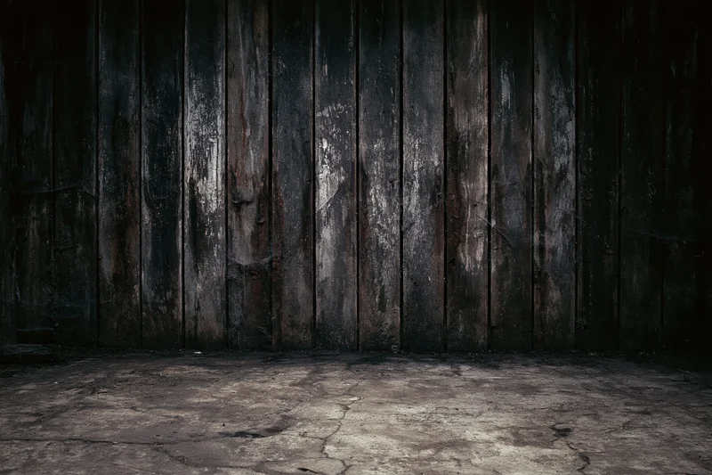 Dark abandoned interior with weathered vertical wooden planks and cracked concrete floor