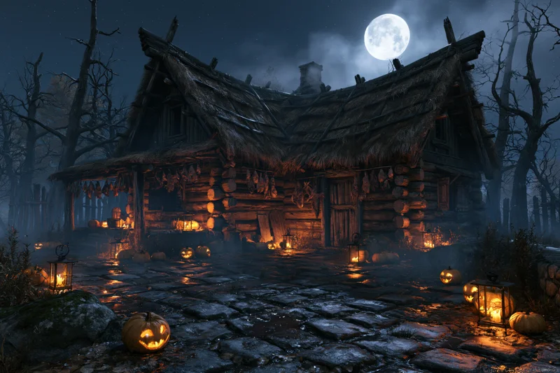 Abandoned rustic log cabin with thatched roof at night surrounded by glowing pumpkins and lanterns in a foggy forest