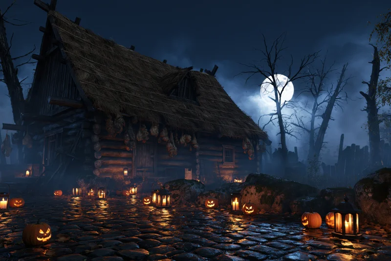 Abandoned rustic log cabin with thatched roof at night surrounded by glowing jack-o-lanterns and lanterns on cobblestone path under full moon