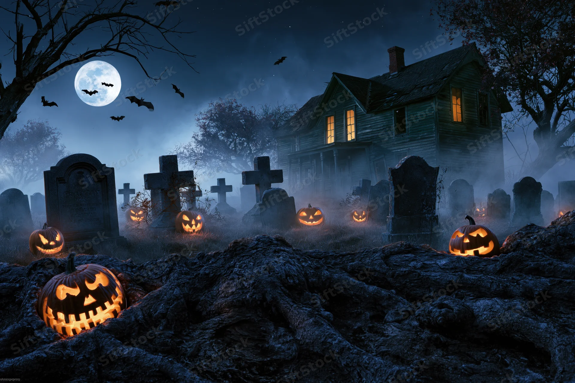 Glowing jack-o'-lanterns in a foggy graveyard at night with an abandoned farmhouse and full moon in the background