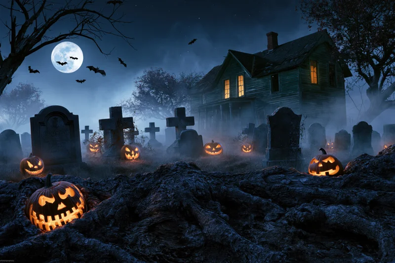 Glowing jack-o'-lanterns in a foggy graveyard at night with an abandoned farmhouse and full moon in the background