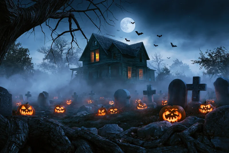 Haunted farmhouse behind foggy graveyard with glowing jack-o-lanterns under full moon