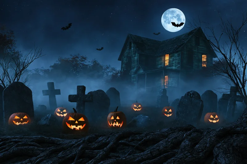 Glowing jack-o-lanterns in a foggy graveyard with an abandoned farmhouse under a full moon at night