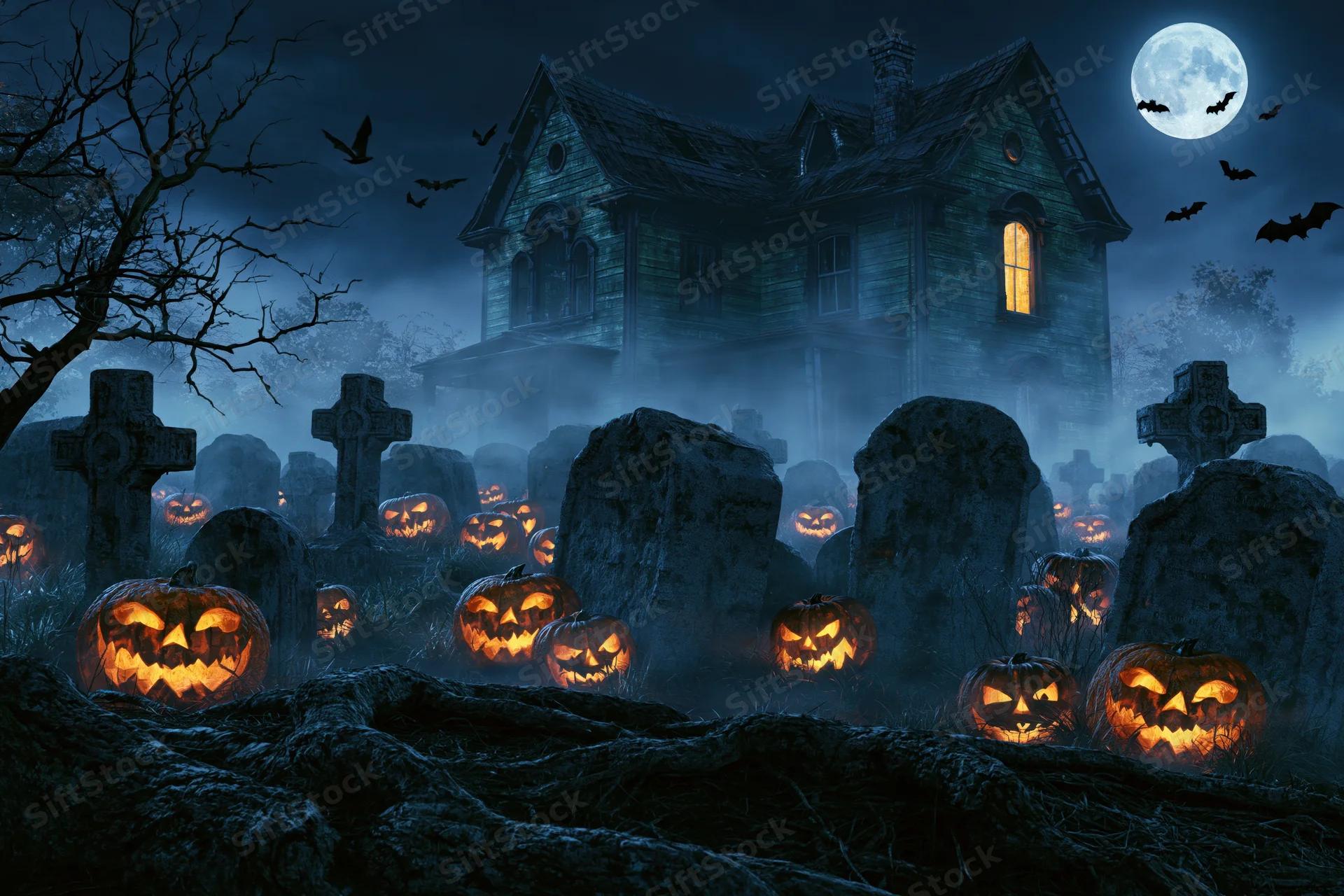 Glowing jack-o'-lanterns in a foggy graveyard with a haunted farmhouse under a full moon