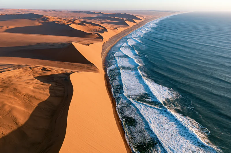 Aerial view of the namib desert coastline with orange sand dunes meeting the ocean waves