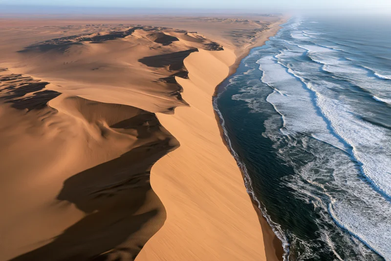 Aerial view of namib desert dunes meeting ocean waves along the coastline