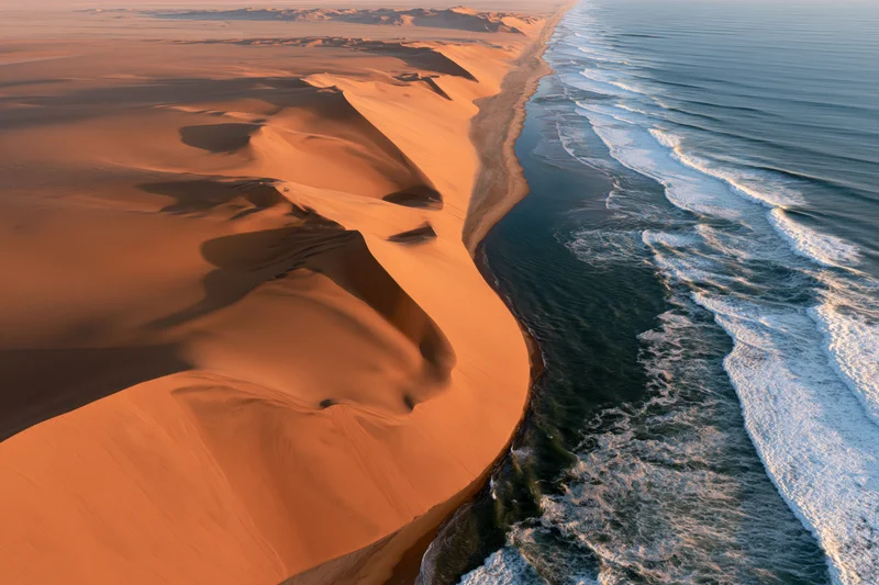 Aerial view of namib desert dunes meeting ocean waves along the coastline