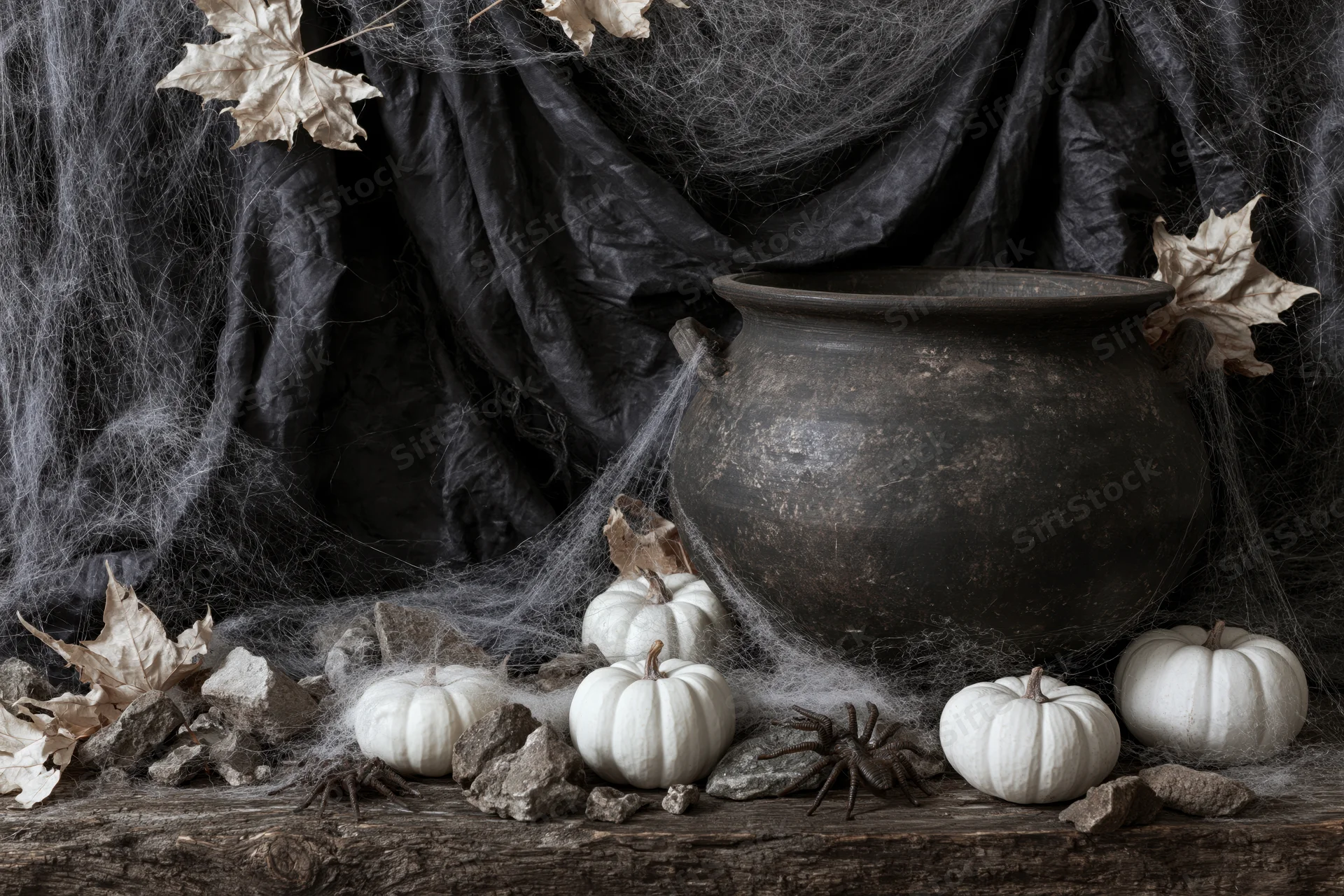 Aged dark clay cauldron on rough wooden surface surrounded by white pumpkins, spiders, cobwebs and dry leaves