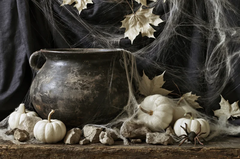 Aged dark clay cauldron on wooden surface surrounded by white pumpkins, spiderwebs, and autumn leaves