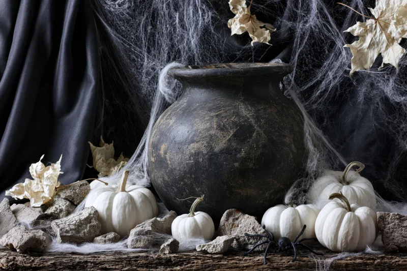 Aged dark clay cauldron surrounded by white pumpkins, cobwebs, and stones on a rough wooden surface for halloween decoration