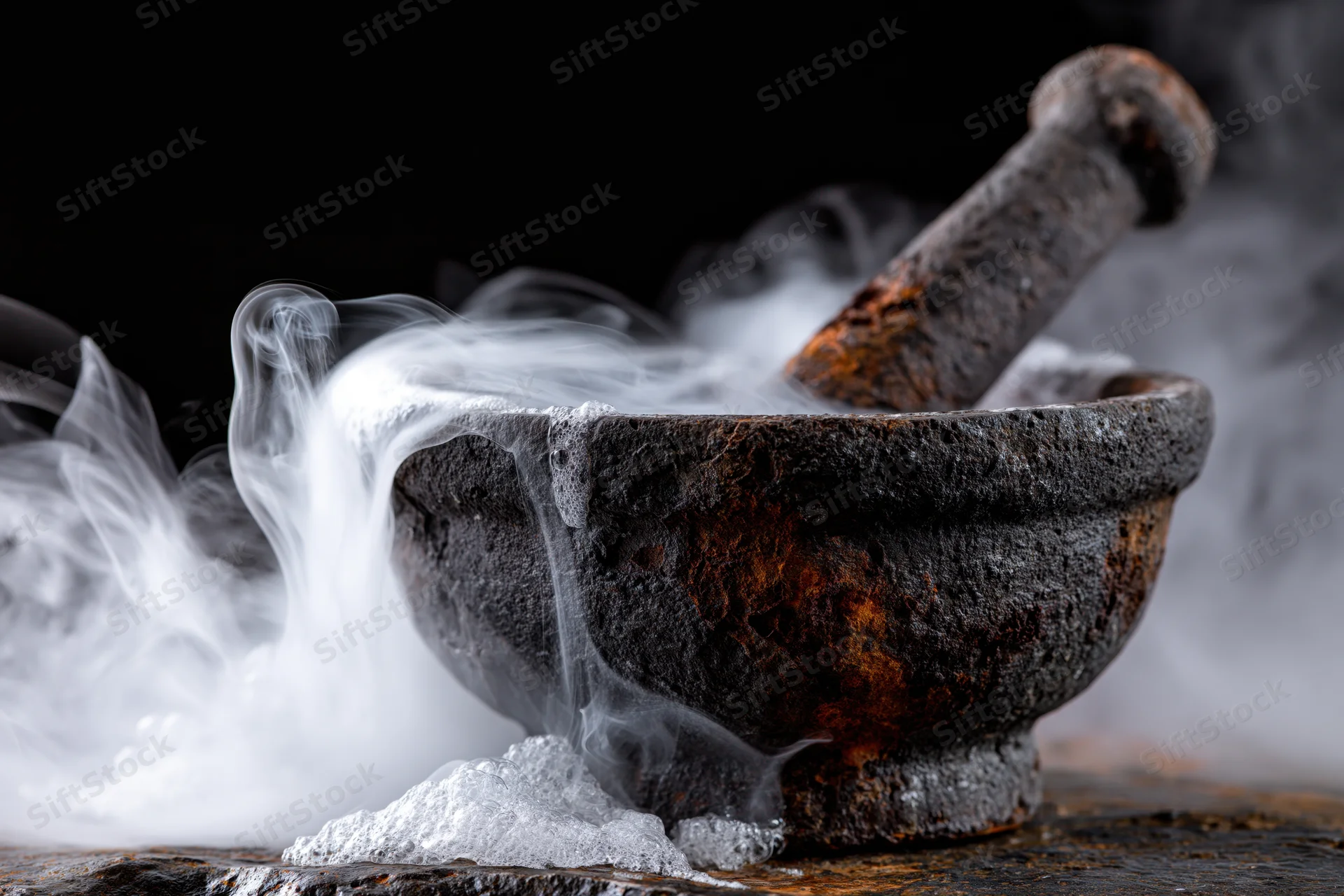 Aged stone mortar and pestle emitting thick white smoke on dark surface
