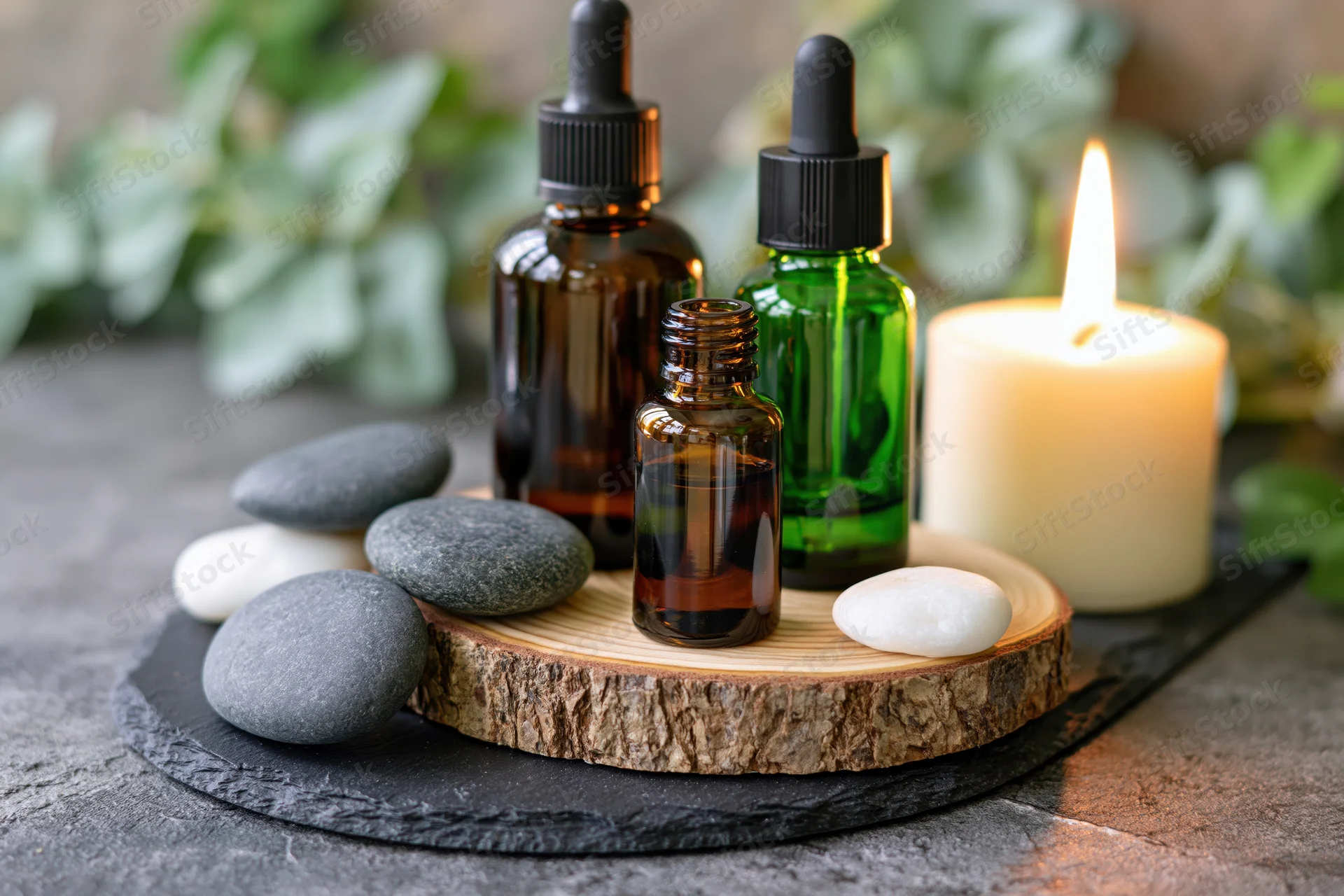 Essential oil bottles and stones arranged on a wooden slice with a lit candle and greenery in the background