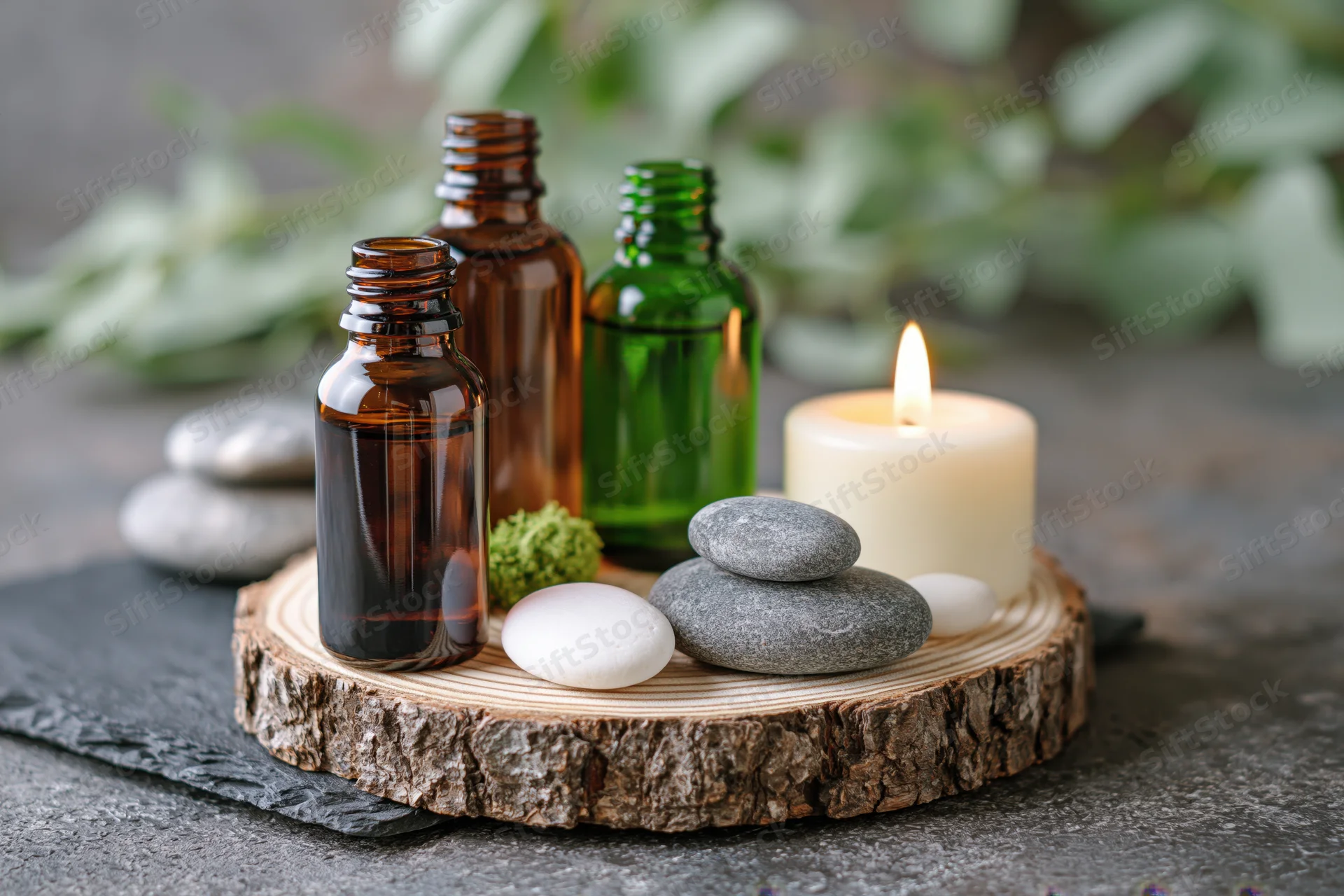Essential oil bottles and stones arranged on a wooden slice with a lit candle and greenery in the background