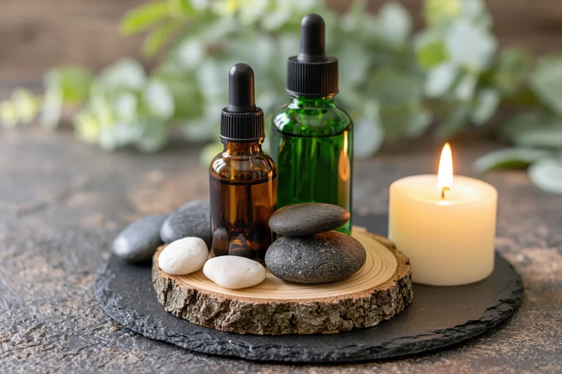 Essential oil bottles with stones and candle on wood slice and slate tray