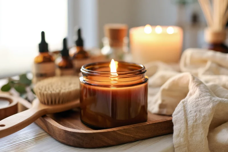 Lit amber glass candle on wooden tray with essential oil bottles and linen cloth