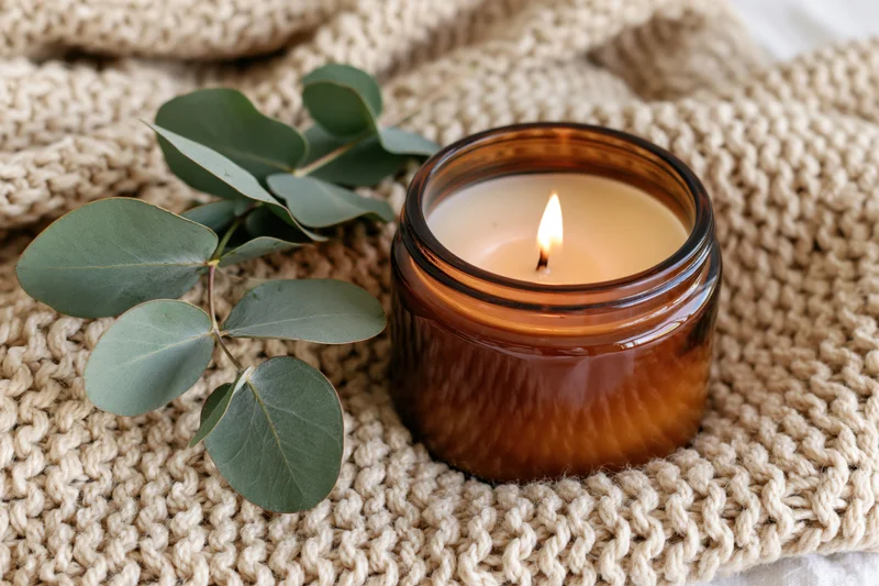 Lit amber glass candle with eucalyptus leaves on a knitted wool blanket