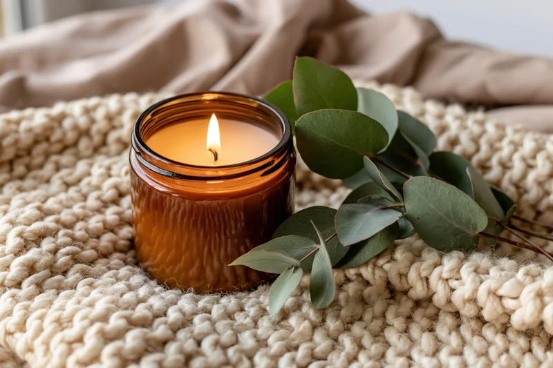 Lit amber glass candle with eucalyptus leaves on a knitted wool blanket
