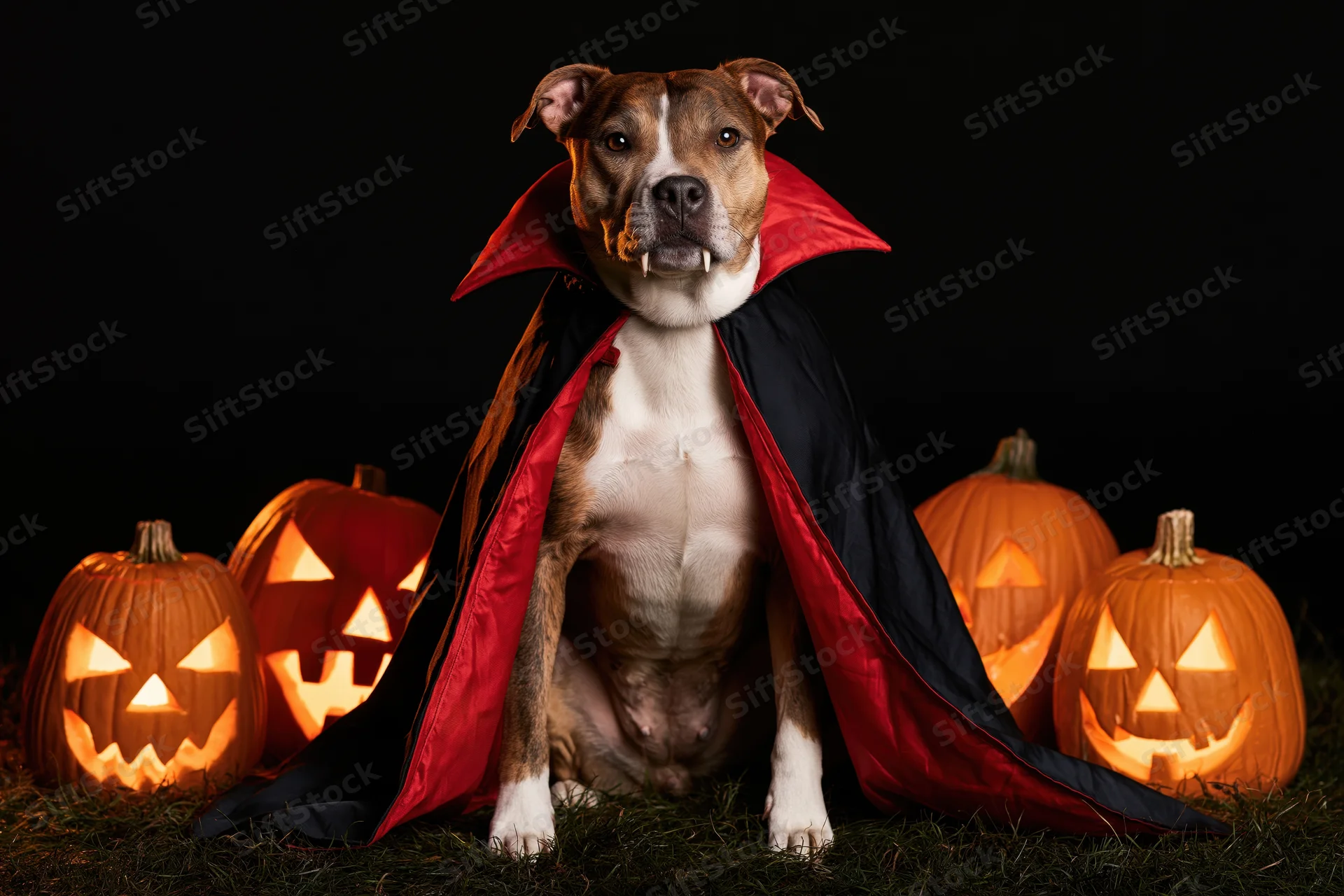 American staffordshire terrier dog in vampire costume sitting among lit jack-o-lanterns on grass against black background