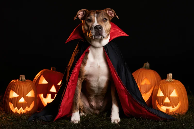 American staffordshire terrier dog in vampire costume sitting among lit jack-o-lanterns on grass against black background