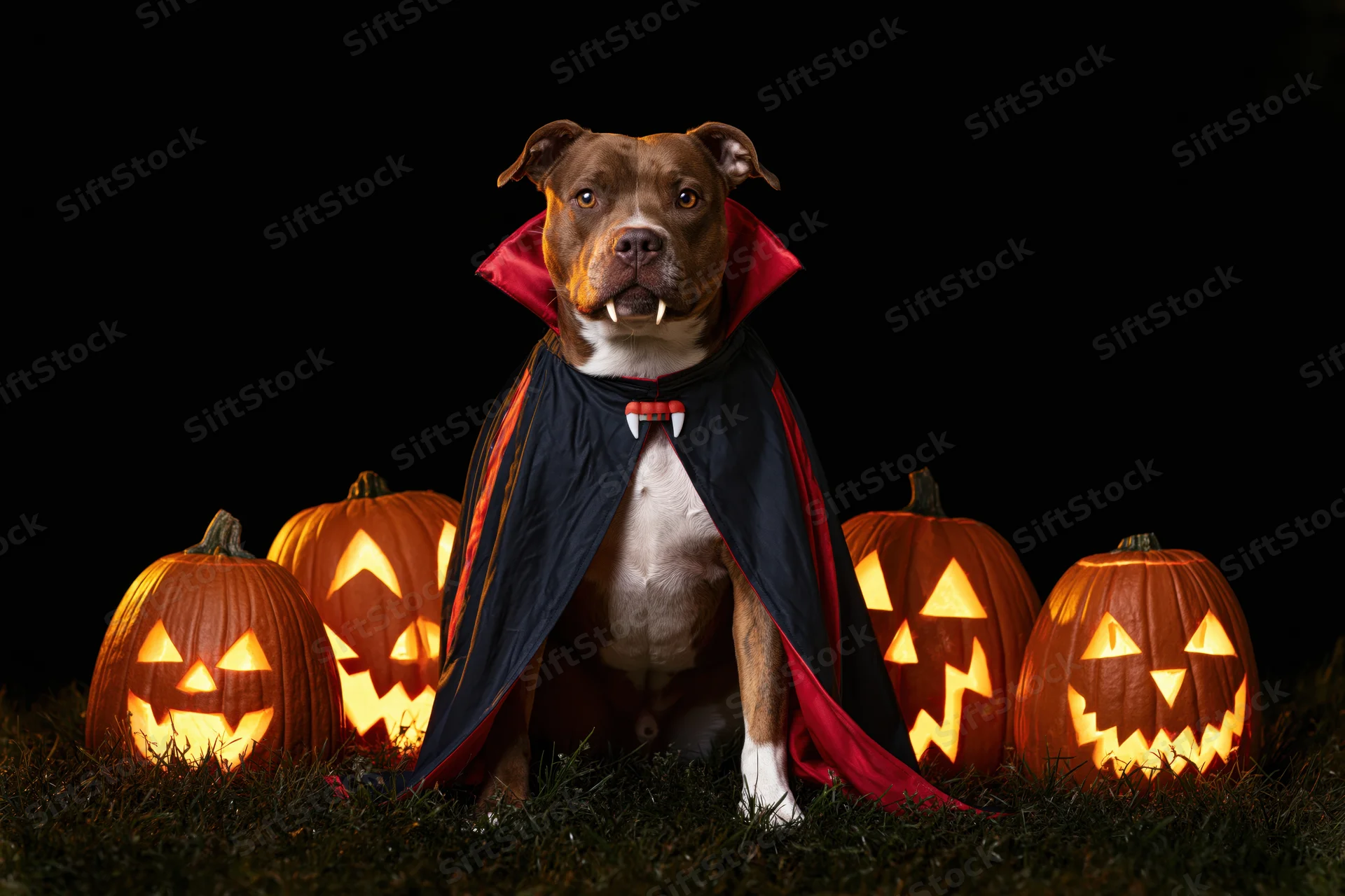 American staffordshire terrier dog in vampire costume sitting among lit jack-o-lanterns on grass at night