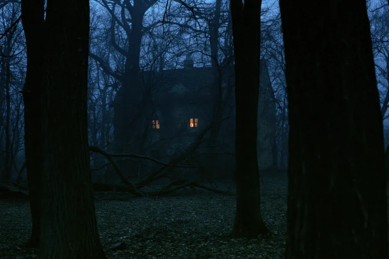 Abandoned stone house seen through bare trees in a foggy winter forest at night