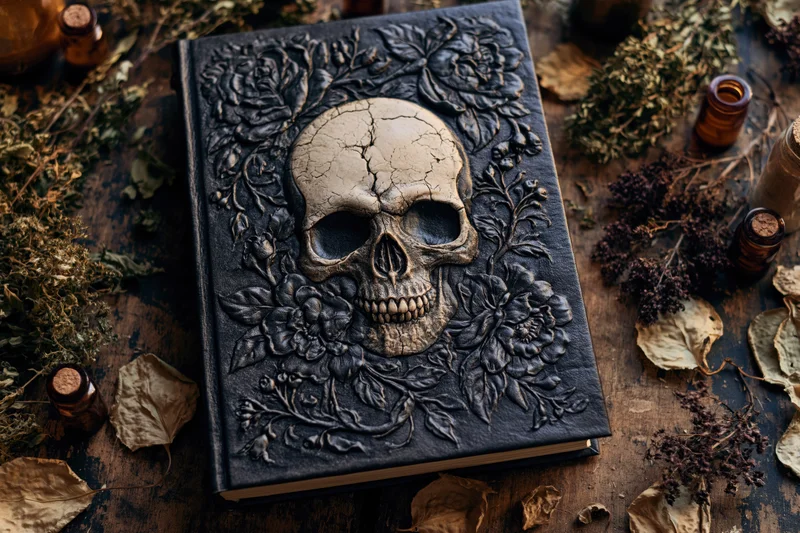 Aged leather-bound grimoire with embossed skull and floral patterns on wooden table surrounded by dried herbs and small bottles