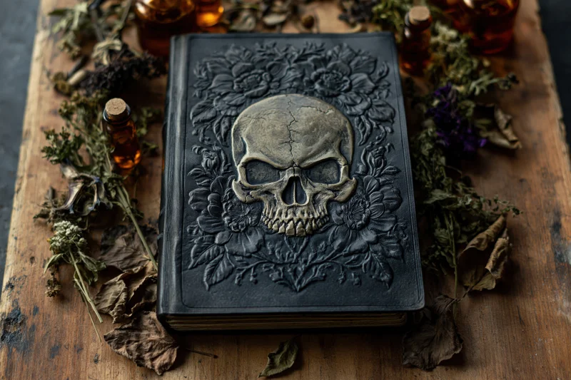 Aged leather-bound grimoire with embossed skull and floral patterns on wooden table surrounded by dried herbs and amber vials