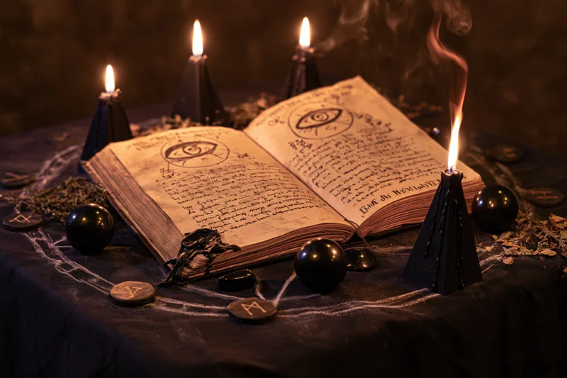 Open grimoire with handwritten script and occult eye symbols on a dark ritual table surrounded by candles and ritual objects