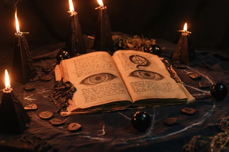Open grimoire with handwritten script and occult eye symbols surrounded by lit candles and ritual objects on dark cloth