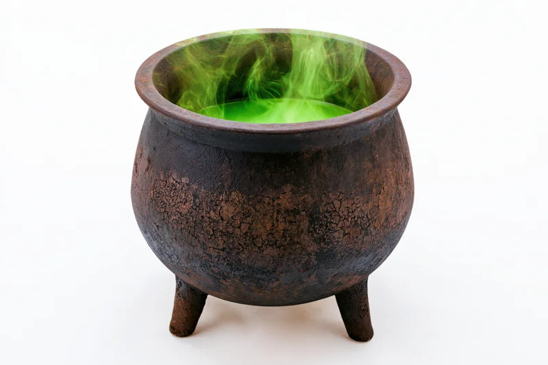 Old cast iron witch's cauldron with green smoking potion on white background